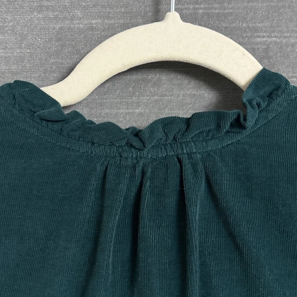 Wonderly Top XXL Green Cotton Corduroy Ruffle Button Front Long Sleeve Fall